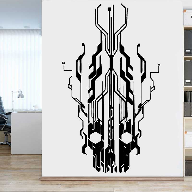 Tech Office Wall - ชิปวงจร Tech Skull ไวนิลสติ๊กเกอร์ติดผนังสำนักงานธุรกิจบ้านเด็กห้องเด็กเล่น Study Internet