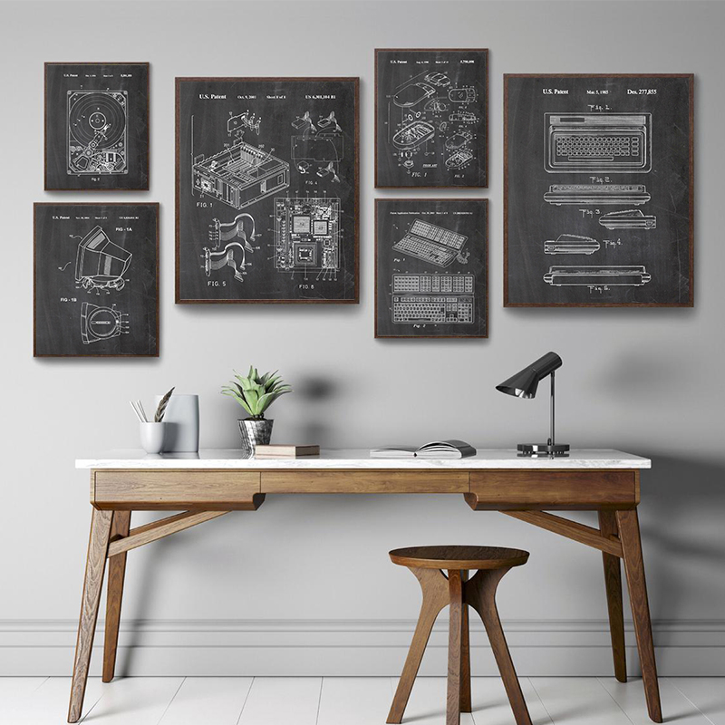 Tech Office Wall - ชุดภาพศิลปะติดผนังลายสิทธิบัตรคอมพิวเตอร์สไตล์วินเทจ 6 ชิ้น ภาพพิมพ์แบบแปลนเทคโนโลยีสำหรับตกแต่งสำนักงานและห้องเกมเมอร์