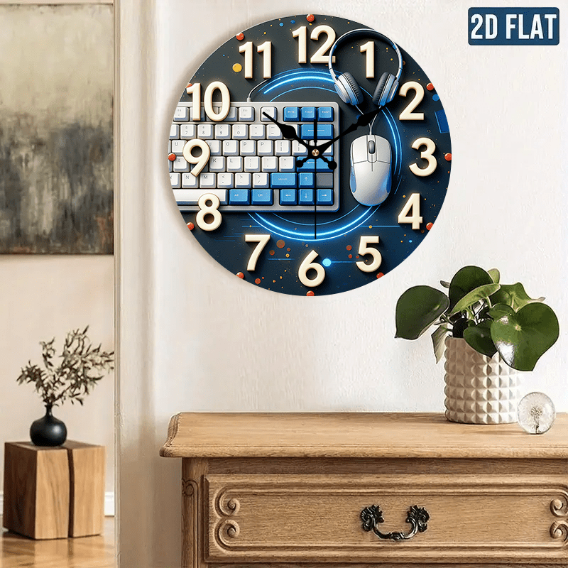 Tech Office Wall - นาฬิกาแขวนผนังไม้สไตล์เทค 2D แบบแบน 1 ชิ้น, ของตกแต่งโต๊ะที่จำเป็น,