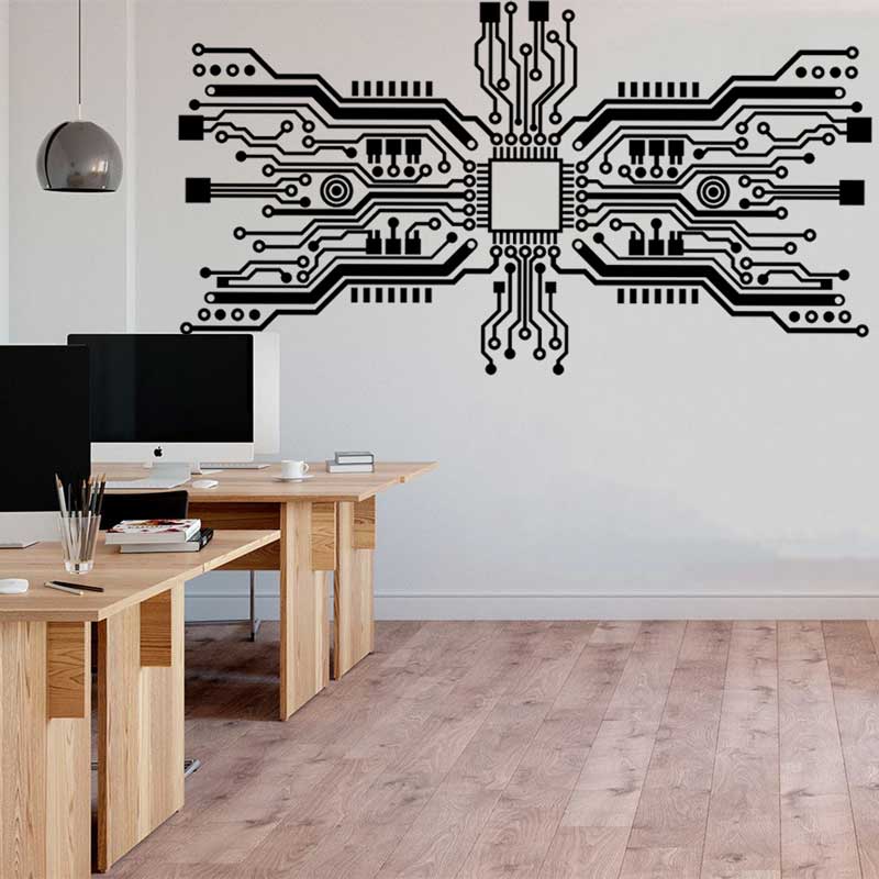 Tech Office Wall - ชิปวงจรสติกเกอร์ติดผนังเทคโนโลยีซีพียูคอมพิวเตอร์ IT Science ซอฟต์แวร์ห้องเล่นวิทยาศาสตร์สำนักงานตกแต่งห้องไวนิลของขวัญ19ชิ้น